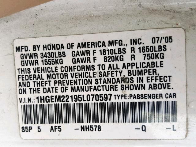 1HGEM22195L070597 - 2005 HONDA CIVIC DX V WHITE photo 10