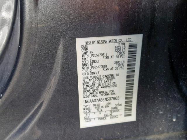 1N6AA07A85N507963 - 2005 NISSAN TITAN XE CHARCOAL photo 10