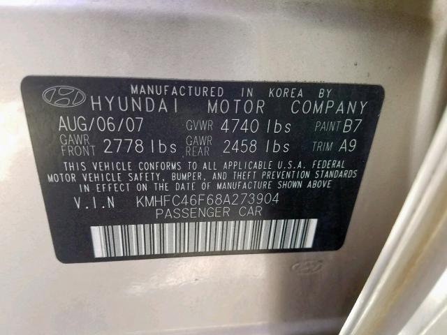 KMHFC46F68A273904 - 2008 HYUNDAI AZERA SE BEIGE photo 10