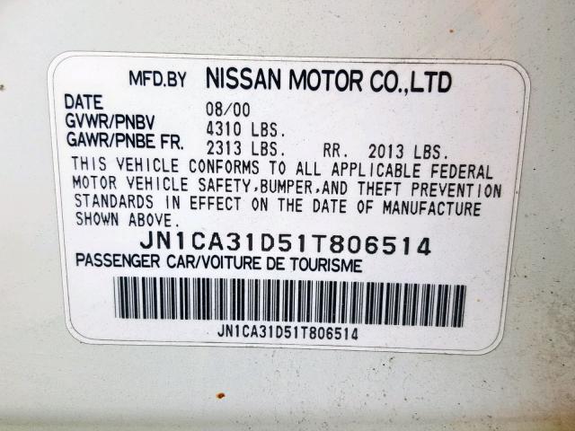 JN1CA31D51T806514 - 2001 NISSAN MAXIMA GXE WHITE photo 10