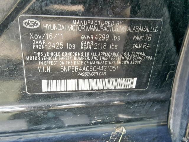 5NPEB4AC6CH421051 - 2012 HYUNDAI SONATA GLS BLACK photo 10