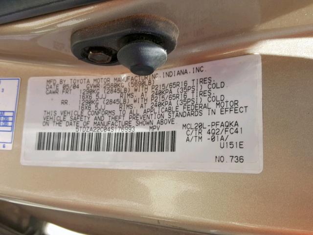 5TDZA22C04S176993 - 2004 TOYOTA SIENNA XLE GOLD photo 10