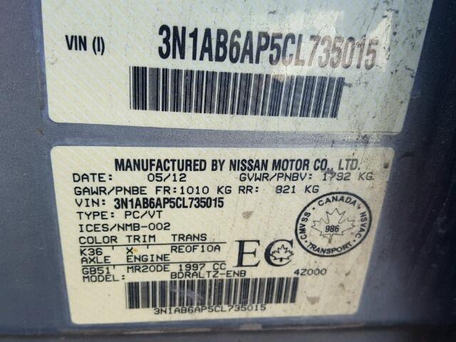 3N1AB6AP5CL735015 - 2012 NISSAN SENTRA 2.0 GRAY photo 10