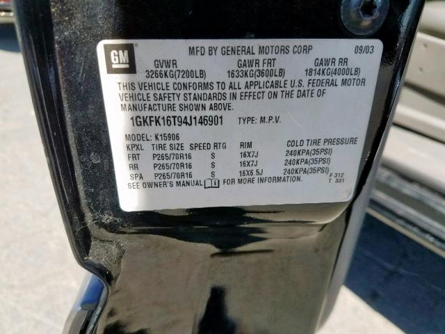 1GKFK16T94J146901 - 2004 GMC YUKON XL K BLACK photo 10