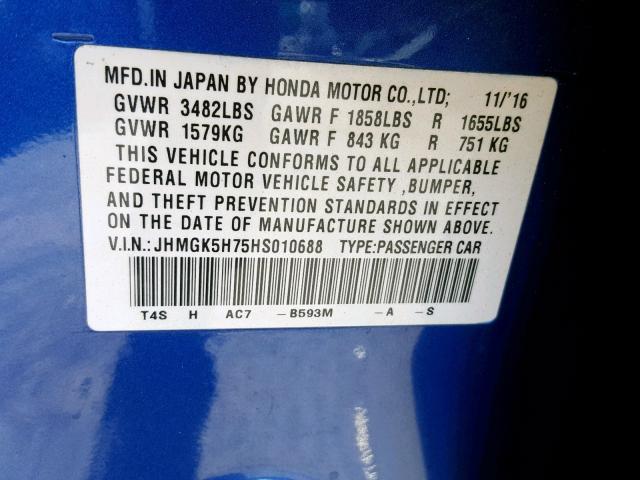 JHMGK5H75HS010688 - 2017 HONDA FIT EX BLUE photo 10