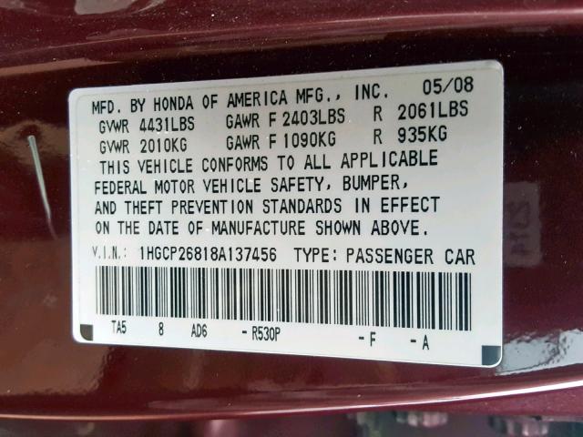 1HGCP26818A137456 - 2008 HONDA ACCORD EXL RED photo 10