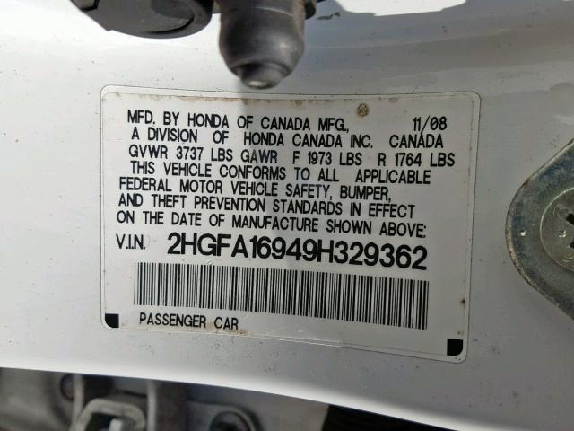 2HGFA16949H329362 - 2009 HONDA CIVIC EXL 白色 照片 10