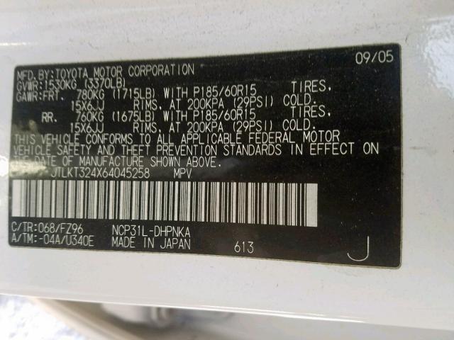 JTLKT324X64045258 - 2006 TOYOTA SCION XB 白色 照片 10