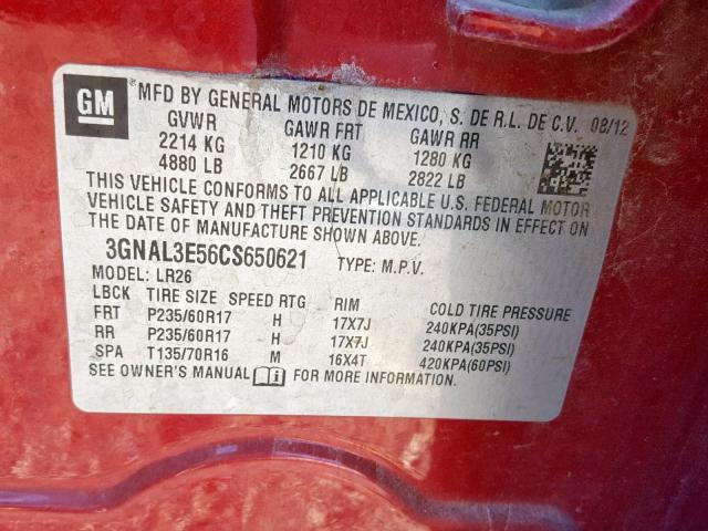 3GNAL3E56CS650621 - 2012 CHEVROLET CAPTIVA SP RED photo 10