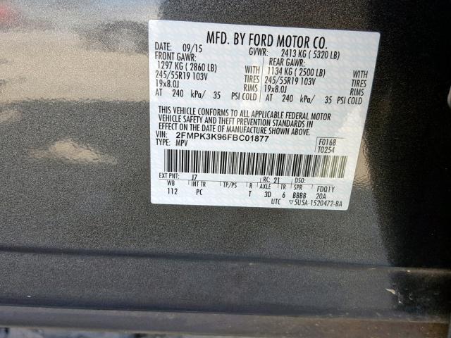 2FMPK3K96FBC01877 - 2015 FORD EDGE TITAN GRAY photo 10