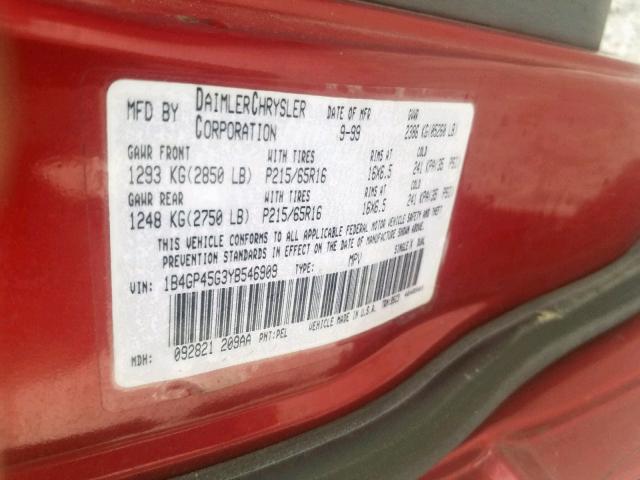 1B4GP45G3YB546909 - 2000 DODGE CARAVAN SE RED photo 10