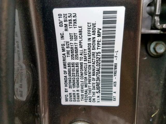 5J6RE3H70AL025275 - 2010 HONDA CR-V EXL GRAY photo 10