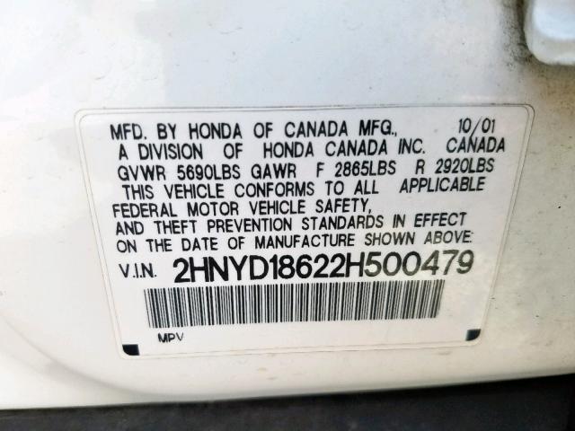 2HNYD18622H500479 - 2002 ACURA MDX TOURIN WHITE photo 10