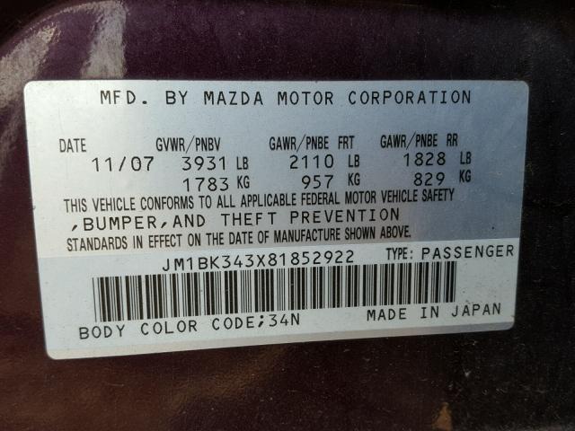 JM1BK343X81852922 - 2008 MAZDA 3 HATCHBAC PURPLE photo 10