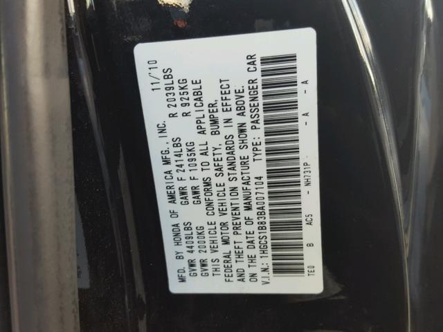 1HGCS1B83BA007104 - 2011 HONDA ACCORD EXL BLACK photo 10