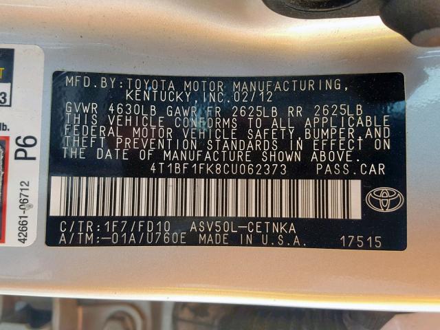 4T1BF1FK8CU062373 - 2012 TOYOTA CAMRY BASE SILVER photo 10