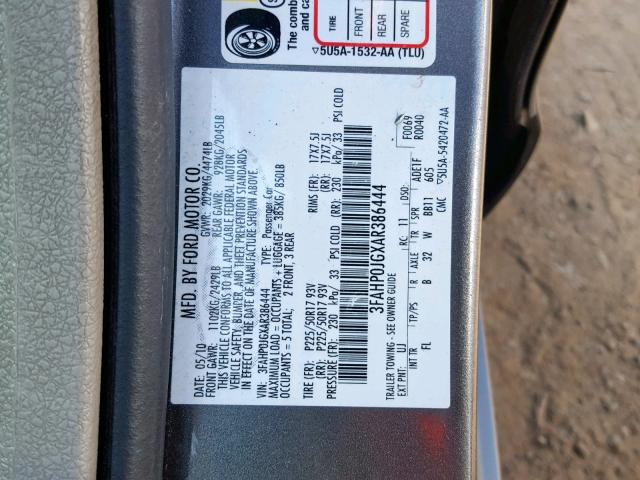 3FAHP0JGXAR386444 - 2010 FORD FUSION SEL GRAY photo 10