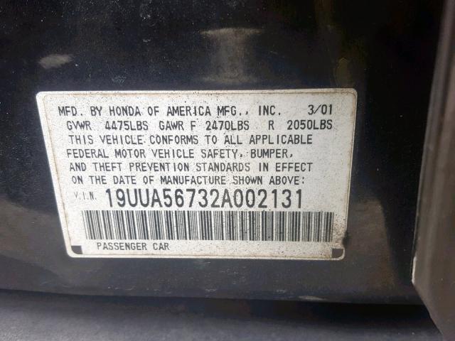 19UUA56732A002131 - 2002 ACURA 3.2TL BLACK photo 10