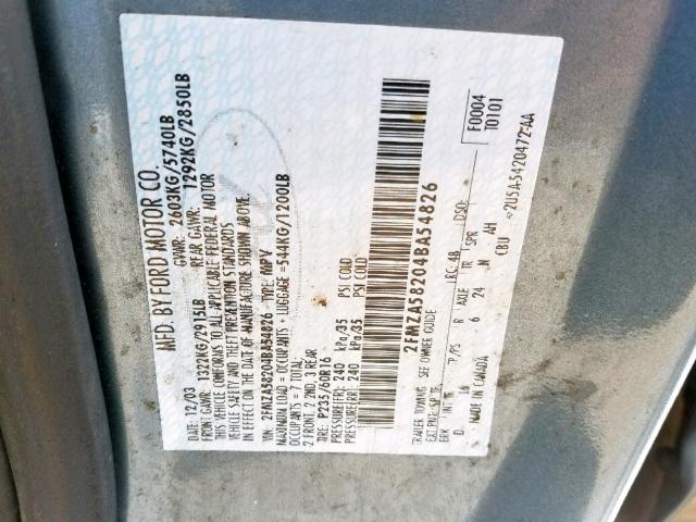 2FMZA58204BA54826 - 2004 FORD FREESTAR L BLUE photo 10