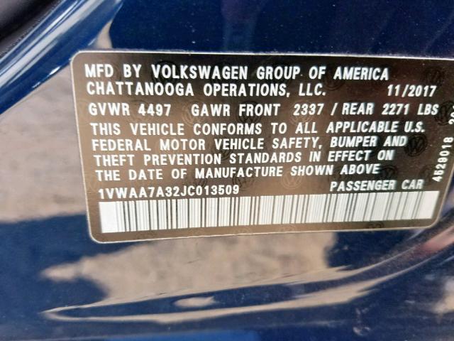 1VWAA7A32JC013509 - 2018 VOLKSWAGEN PASSAT S BLUE photo 10