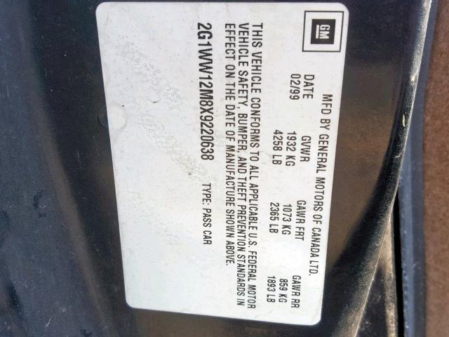 2G1WW12M8X9220638 - 1999 CHEVROLET MONTE CARL შავი ფოტო 10