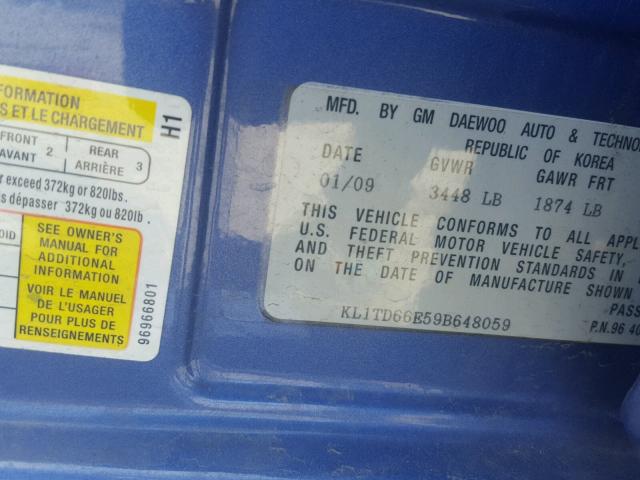 KL1TD66E59B648059 - 2009 CHEVROLET AVEO LS BLUE photo 10