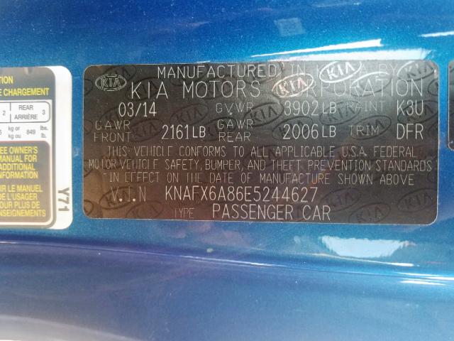 KNAFX6A86E5244627 - 2014 KIA FORTE EX BLUE photo 10