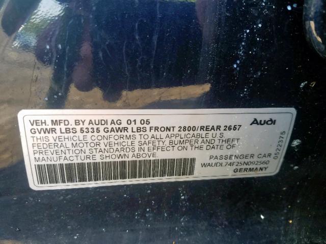 WAUDL74F25N092560 - 2005 AUDI A6 4.2 QUA BLUE photo 10