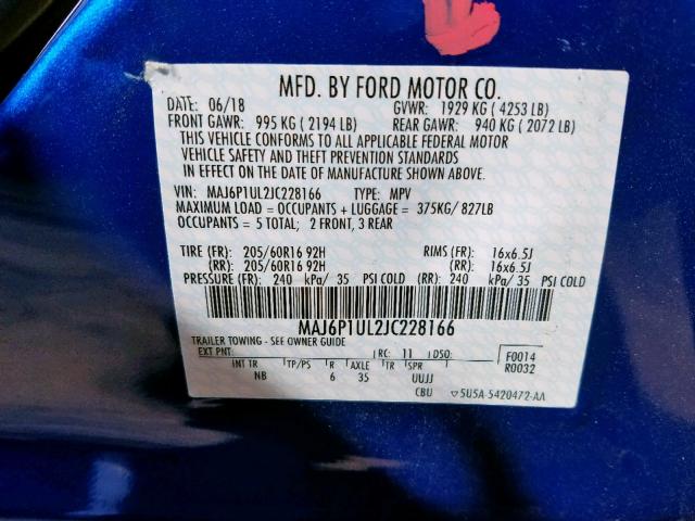 MAJ6P1UL2JC228166 - 2018 FORD ECOSPORT S BLUE photo 10