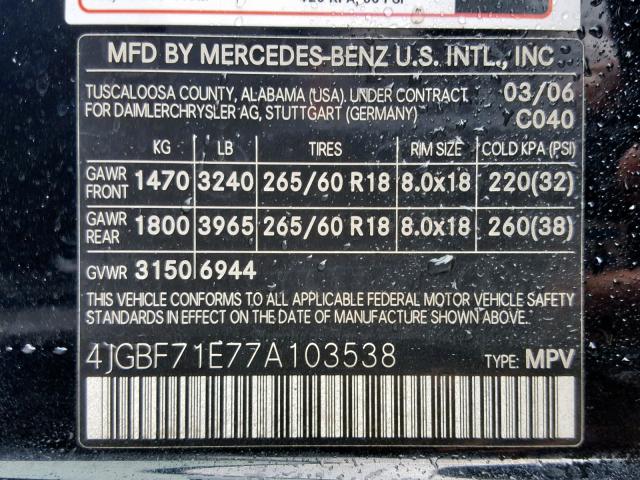 4JGBF71E77A103538 - 2007 MERCEDES-BENZ GL 450 4MA BLACK photo 10