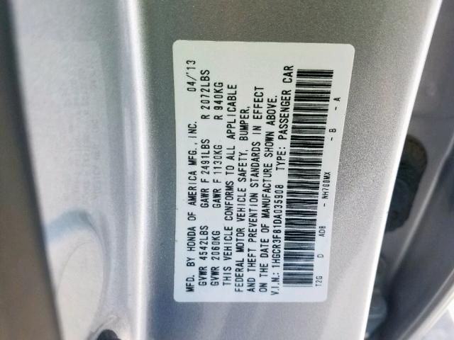 1HGCR3F81DA035908 - 2013 HONDA ACCORD EXL SILVER photo 10