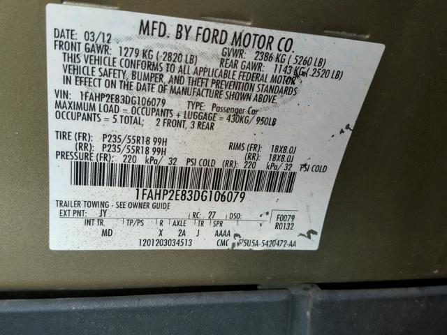 1FAHP2E83DG106079 - 2013 FORD TAURUS SEL GREEN photo 10