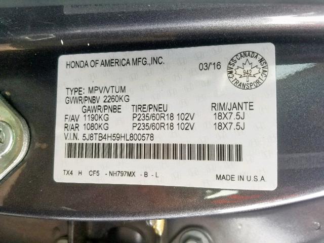 5J8TB4H59HL800578 - 2017 ACURA RDX TECHNO GRAY photo 10