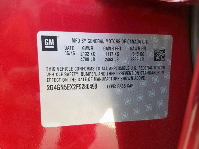 2G4GN5EX2F9280498 - 2015 BUICK REGAL PREM RED photo 10