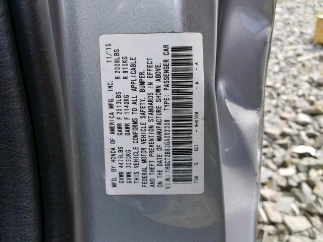 1HGCT2B93GA002309 - 2016 HONDA ACCORD EXL SILVER photo 10