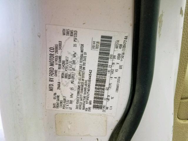 1FMEU74E06UB44542 - 2006 FORD EXPLORER E WHITE photo 10