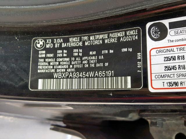 WBXPA93454WA65191 - 2004 BMW X3 3.0I BLACK photo 10