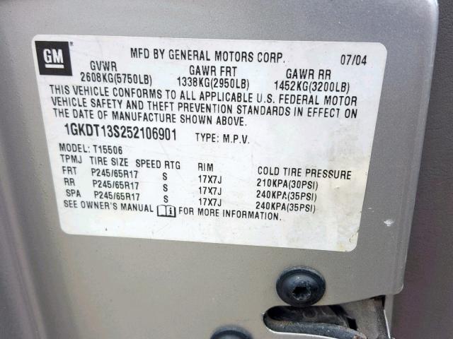 1GKDT13S252106901 - 2005 GMC ENVOY SILVER photo 10