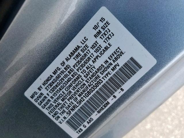 5FNRL5H21GB035093 - 2016 HONDA ODYSSEY LX SILVER photo 10