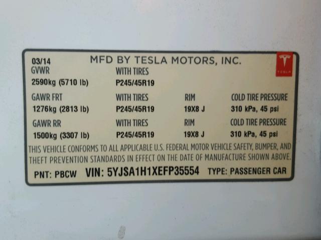 5YJSA1H1XEFP35554 - 2014 TESLA MODEL S WHITE photo 10