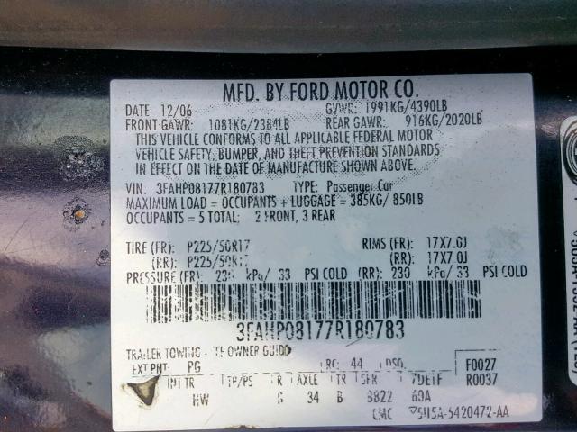 3FAHP08177R180783 - 2007 FORD FUSION SEL PURPLE photo 10