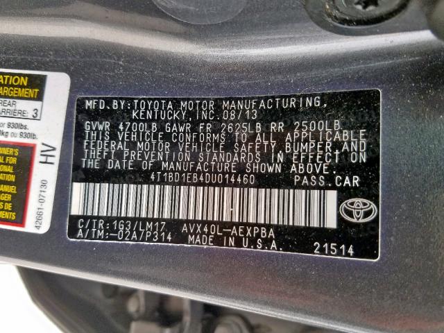 4T1BD1EB4DU014460 - 2013 TOYOTA AVALON HYB CHARCOAL photo 10