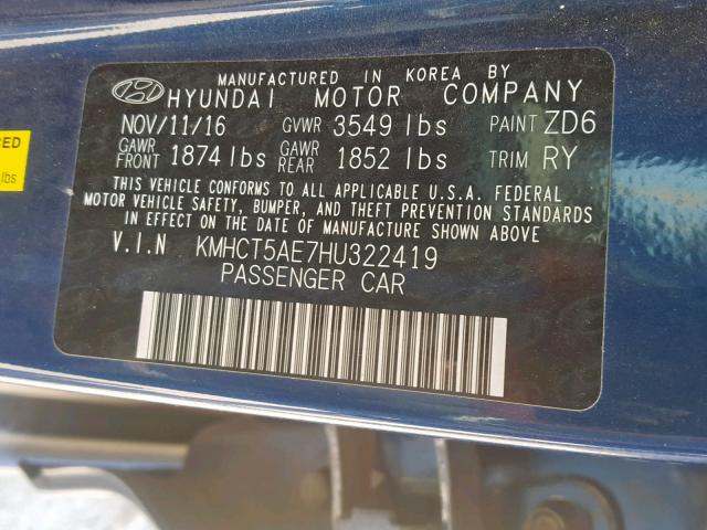 KMHCT5AE7HU322419 - 2017 HYUNDAI ACCENT SE BLUE photo 10