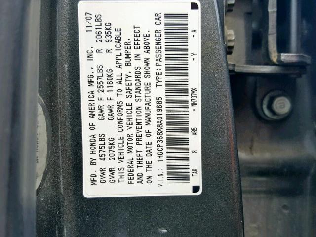 1HGCP368X8A019685 - 2008 HONDA ACCORD EXL GRAY photo 10