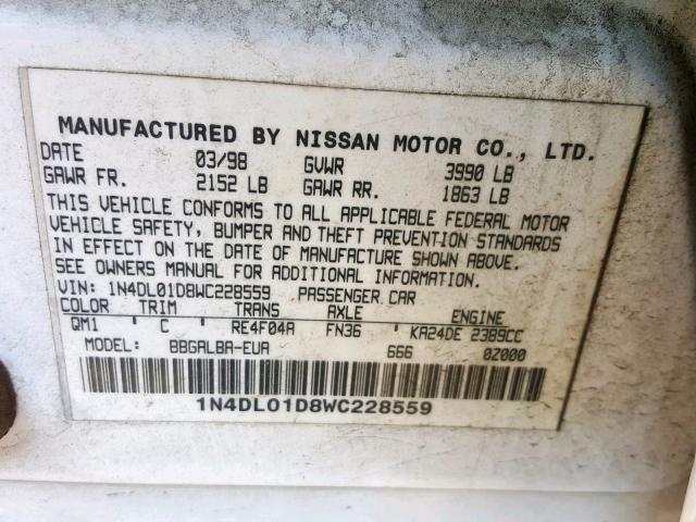 1N4DL01D8WC228559 - 1998 NISSAN ALTIMA XE WHITE photo 10