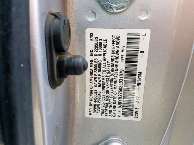 5J6YH27503L031979 - 2003 HONDA ELEMENT EX SILVER photo 10