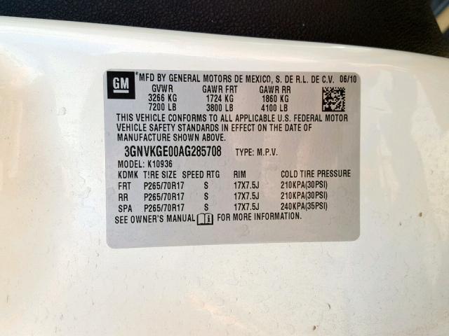 3GNVKGE00AG285708 - 2010 CHEVROLET AVALANCHE WHITE photo 10