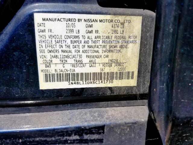 1N4BL11DX6C141730 - 2006 NISSAN ALTIMA SE BLUE photo 10