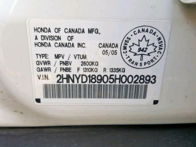 2HNYD18905H002893 - 2005 ACURA MDX TOURIN WHITE photo 10