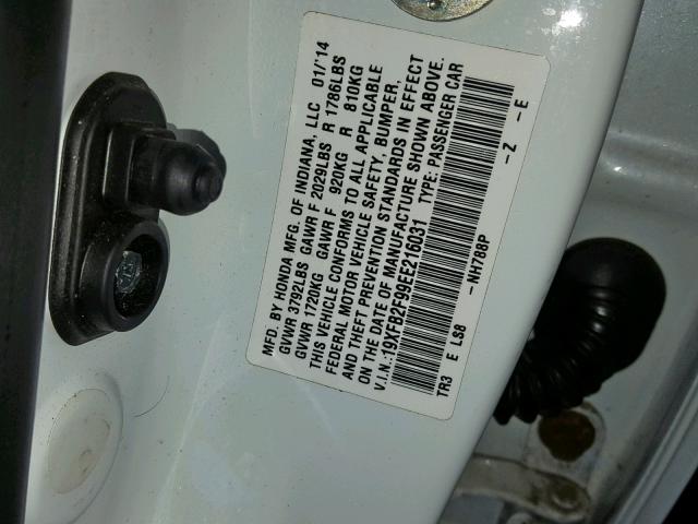 19XFB2F99EE216031 - 2014 HONDA CIVIC EXL თეთრი ფოტო 10